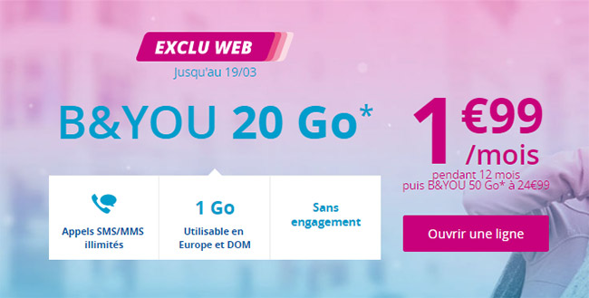 Bouygues : Forfait Mobile B&You 20 Go Moins Cher (1,99€/mois)