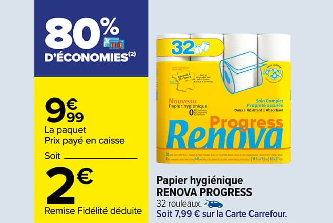 Promo Carrefour : 32 rouleaux Renova à 2€ (remise fid. déduite)
