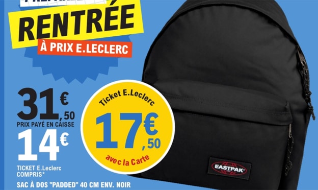 Leclerc : Sac à dos Padded Eastpak à 14€ (remise fidélité déduite)